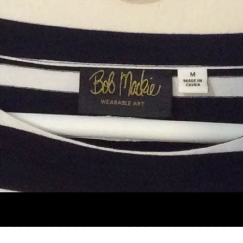 BOB MACKIE WEARABLE ART Black And White Striped With A BRIGHT Flower SHIRT - Picture 3 of 9